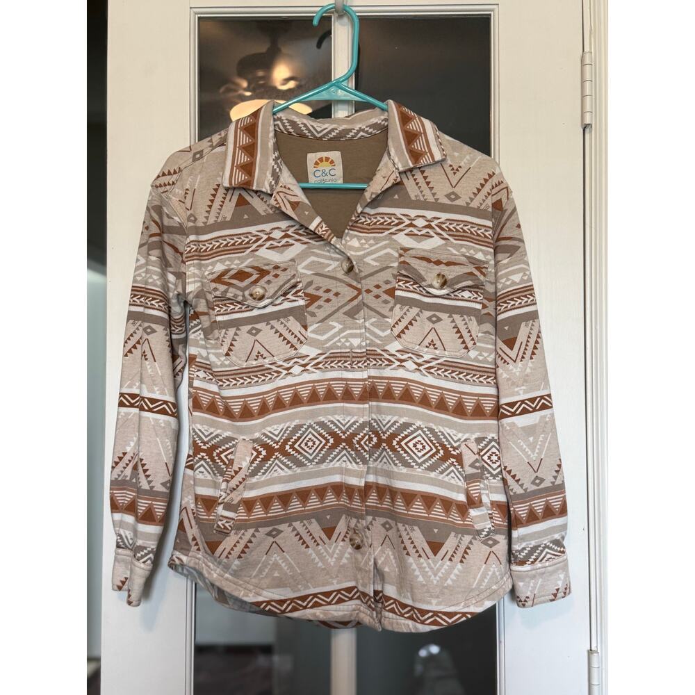 C&C California Shacket Women's Size XS Aztec Fleece Grey Tan White Button-Up